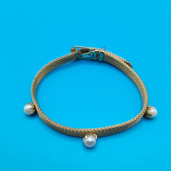 Vintage Mesh Faux Pearl Bracelet, Belt Style Buckle, Mid-Century Jewelry - Picture 9 of 14